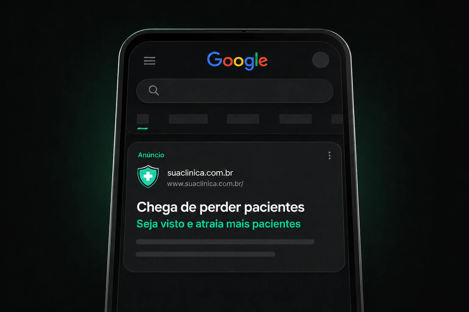 Anúncio patrocinado de uma clínica médica exibido nos resultados de busca do Google em um celular