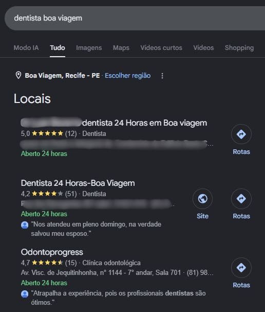 Local Pack com resultados para pesquisa por dentista em Boa Viagem