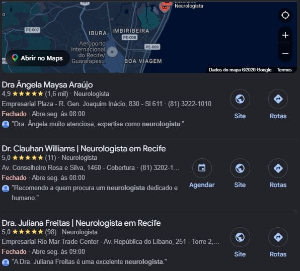 Local Pack com resultados para busca por neurologista bem avaliado em recife