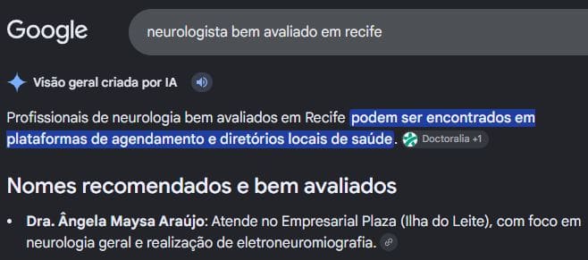 Visão geral de IA para busca por neurologista bem avaliado em recife